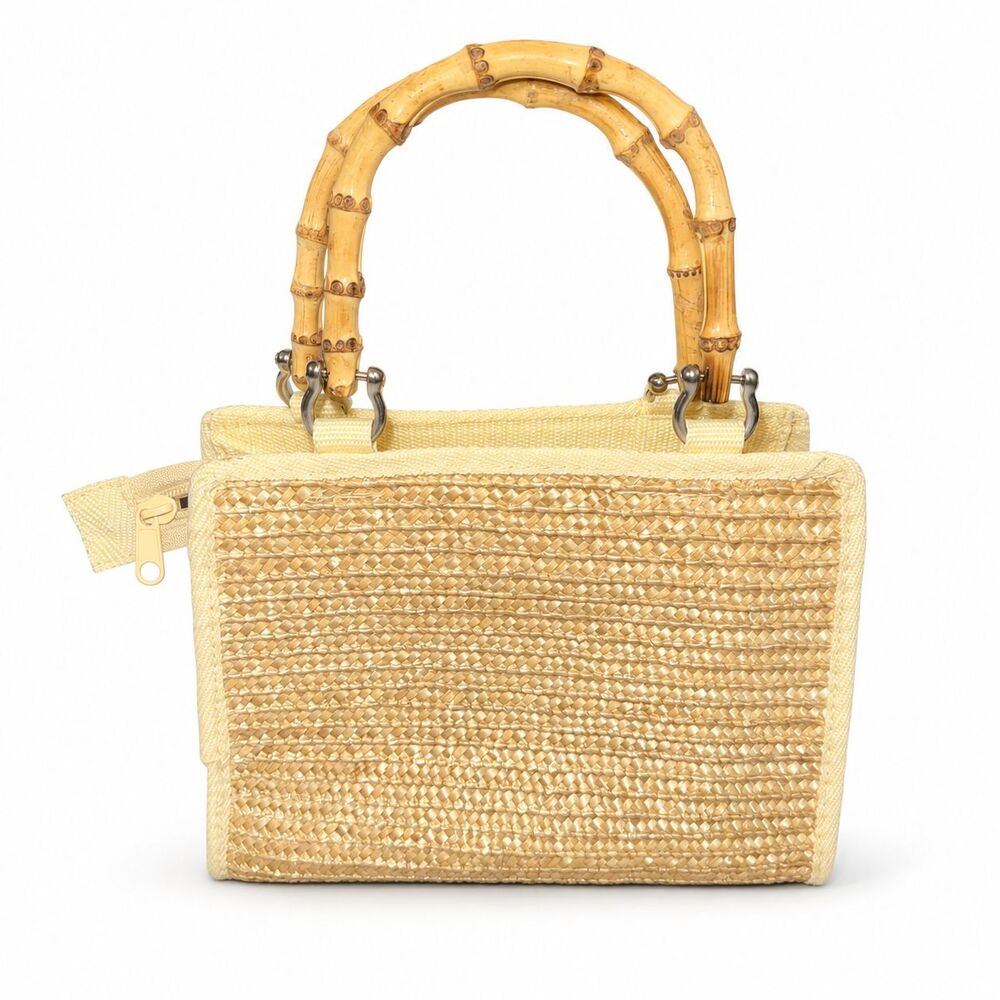 Vintage 90s Wheat Straw Handbag Yellow Bamboo Handles Summer Tote Boho